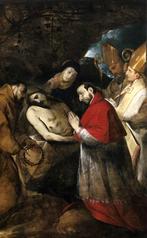 Il Cristo morto adorato da San Francesco d'Assisi, Santa Chiara, San Carlo Borromeo, Sant'Alberto Quadrelli e un santo vescovo - Pinacoteca Brera, Milano